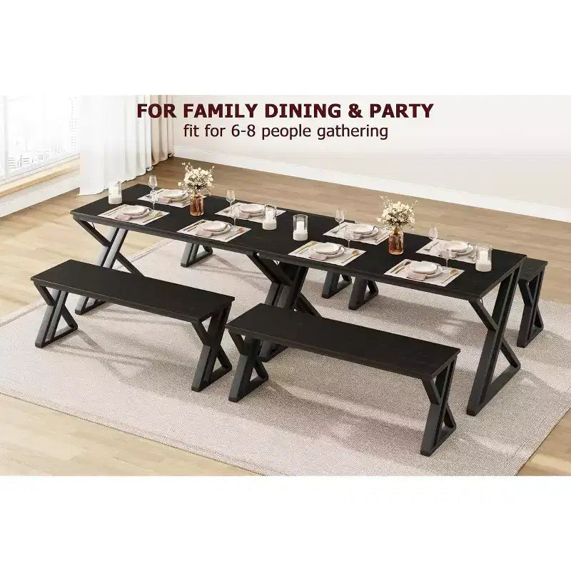 Ensemble table et bancs de salle à manger en bois et métal noirs – 2 places