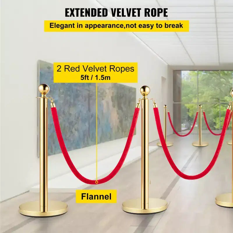 Poteaux de guidage dorés à 4 montants avec corde en velours rouge – Lot de 4