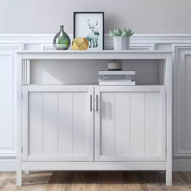 Buffet bahut 2 portes noir/blanc avec étagère ouverte – Montage 1 personne