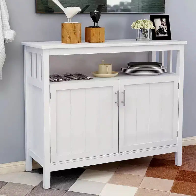 Buffet bahut 2 portes noir/blanc avec étagère ouverte – Montage 1 personne