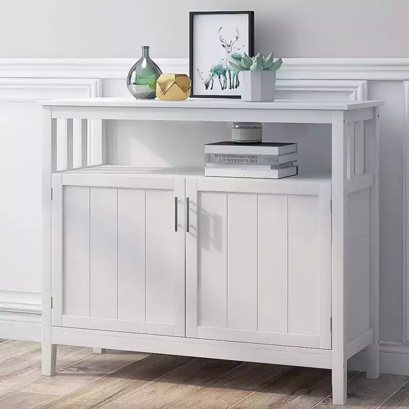 Buffet bahut 2 portes noir/blanc avec étagère ouverte – Montage 1 personne