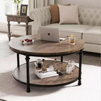 Table basse ronde à 2 niveaux, marron – Plateau en bois, pieds en métal noir, 2 à 4 places