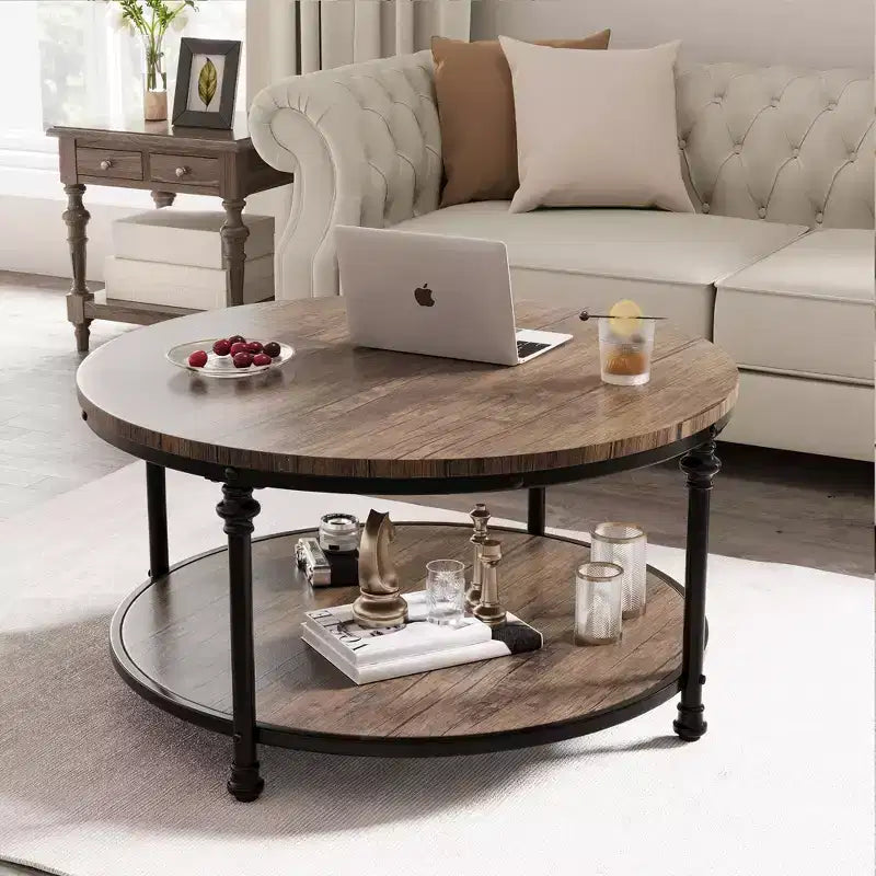 Table basse ronde à 2 niveaux, marron – Plateau en bois, pieds en métal noir, 2 à 4 places