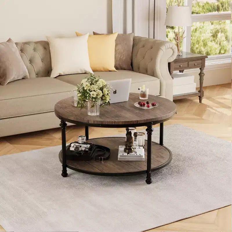 Table basse ronde à 2 niveaux, marron – Plateau en bois, pieds en métal noir, 2 à 4 places