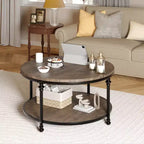 Table basse ronde à 2 niveaux, marron – Plateau en bois, pieds en métal noir, 2 à 4 places