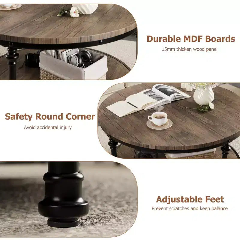 Table basse ronde à 2 niveaux, marron – Plateau en bois, pieds en métal noir, 2 à 4 places