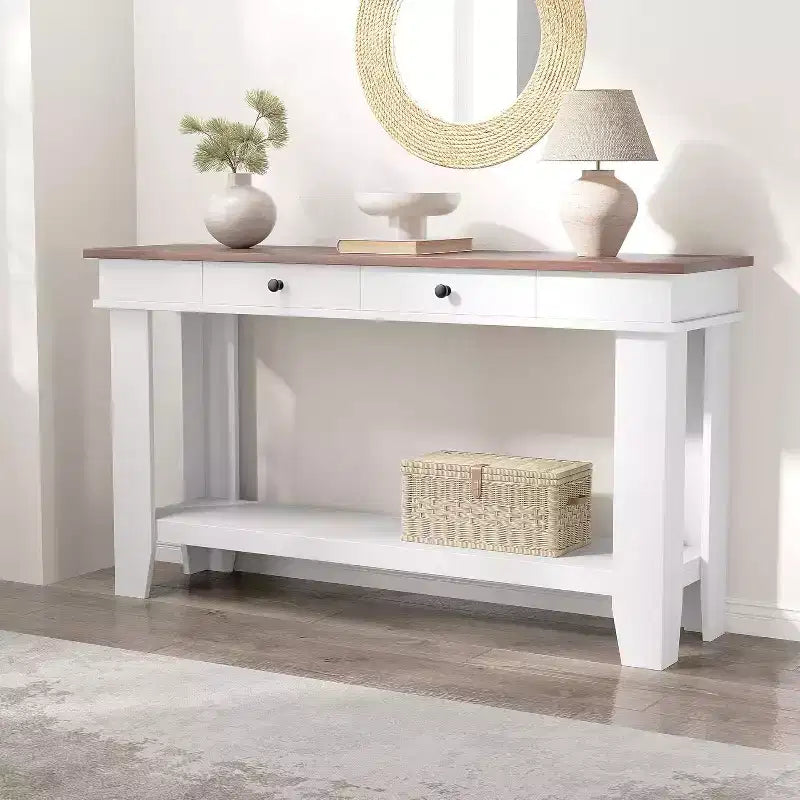 Console marron / marron et blanc / grise, 2 tiroirs, étagère ouverte, assemblage par 1 personne