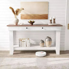 Console marron / marron et blanc / grise, 2 tiroirs, étagère ouverte, assemblage par 1 personne