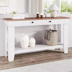 Console marron / marron et blanc / grise, 2 tiroirs, étagère ouverte, assemblage par 1 personne