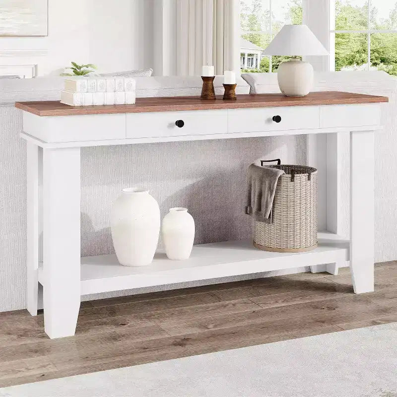 Console marron / marron et blanc / grise, 2 tiroirs, étagère ouverte, assemblage par 1 personne