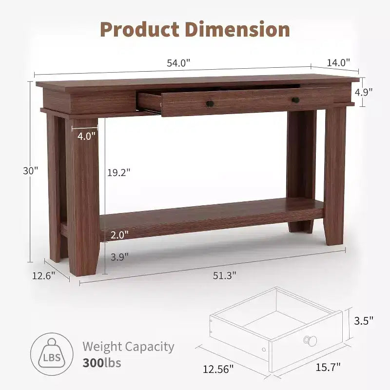 Console marron / marron et blanc / grise, 2 tiroirs, étagère ouverte, assemblage par 1 personne