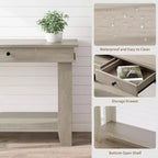 Console marron / marron et blanc / grise, 2 tiroirs, étagère ouverte, assemblage par 1 personne
