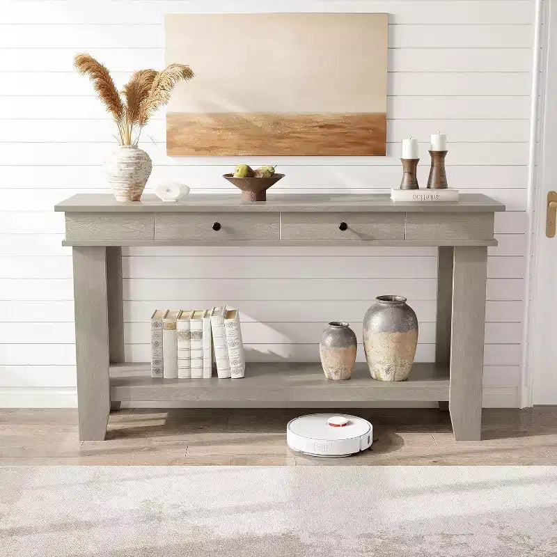 Console marron / marron et blanc / grise, 2 tiroirs, étagère ouverte, assemblage par 1 personne