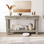 Console marron / marron et blanc / grise, 2 tiroirs, étagère ouverte, assemblage par 1 personne