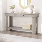 Console marron / marron et blanc / grise, 2 tiroirs, étagère ouverte, assemblage par 1 personne