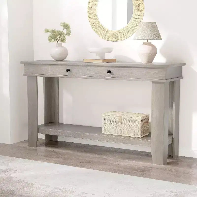 Console marron / marron et blanc / grise, 2 tiroirs, étagère ouverte, assemblage par 1 personne