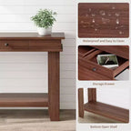 Console marron / marron et blanc / grise, 2 tiroirs, étagère ouverte, assemblage par 1 personne