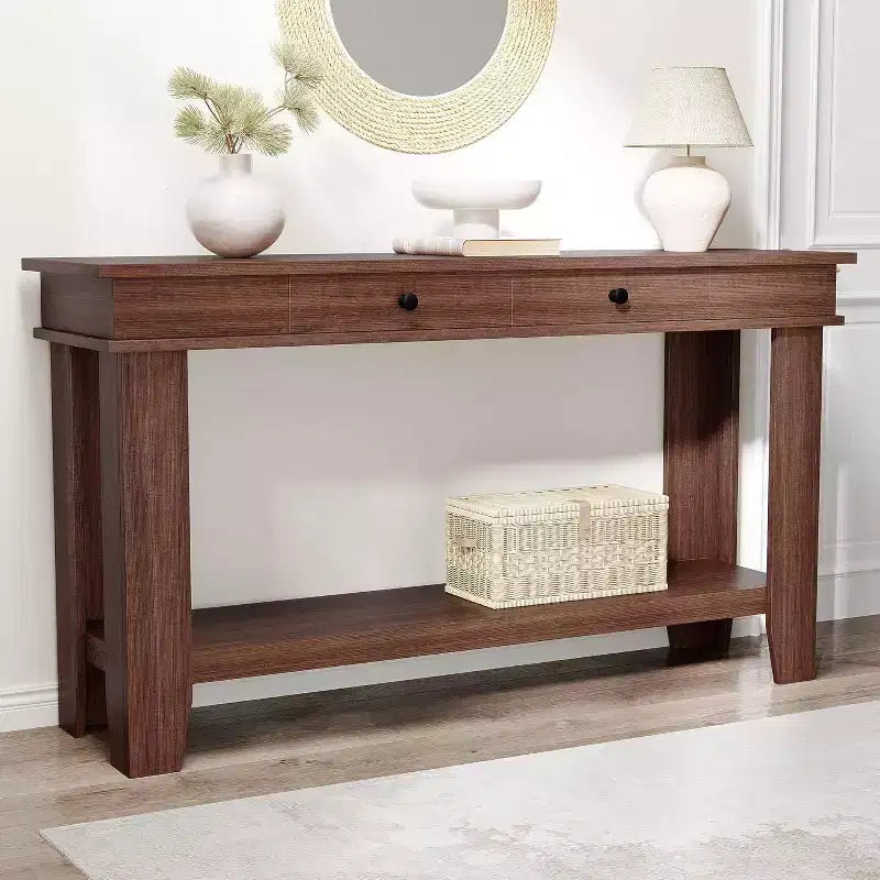 Console marron / marron et blanc / grise, 2 tiroirs, étagère ouverte, assemblage par 1 personne