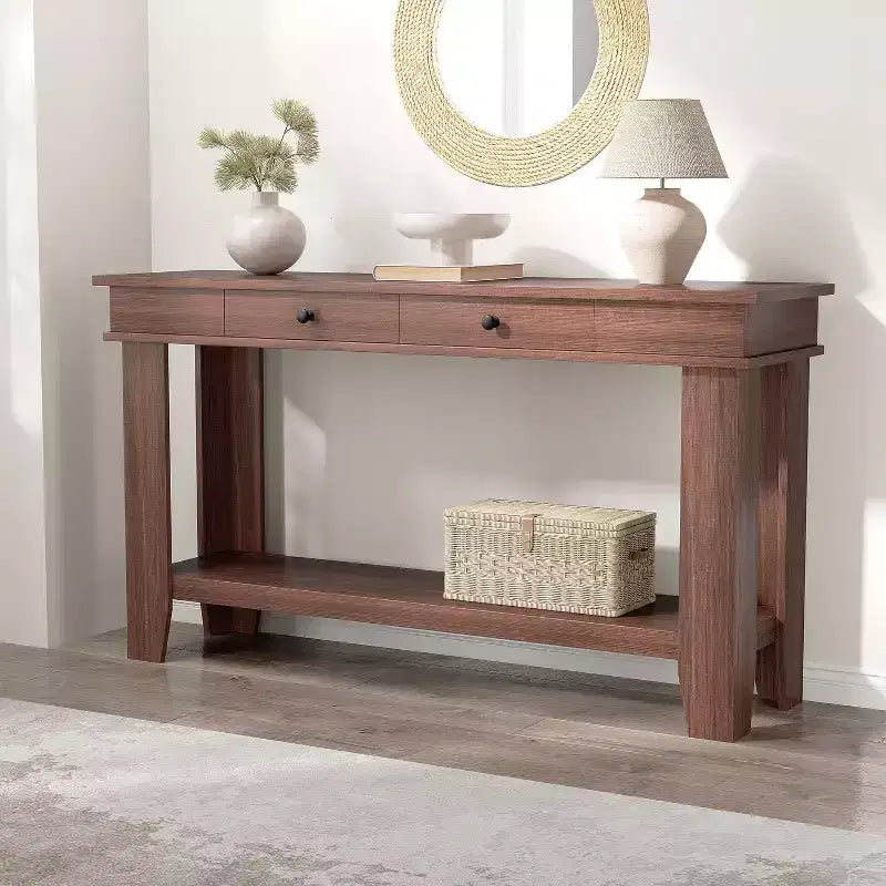 Console marron / marron et blanc / grise, 2 tiroirs, étagère ouverte, assemblage par 1 personne