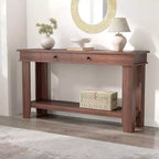 Console marron / marron et blanc / grise, 2 tiroirs, étagère ouverte, assemblage par 1 personne