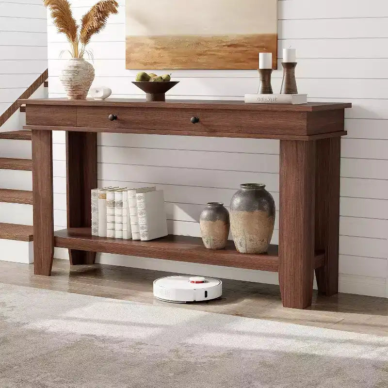 Console marron / marron et blanc / grise, 2 tiroirs, étagère ouverte, assemblage par 1 personne