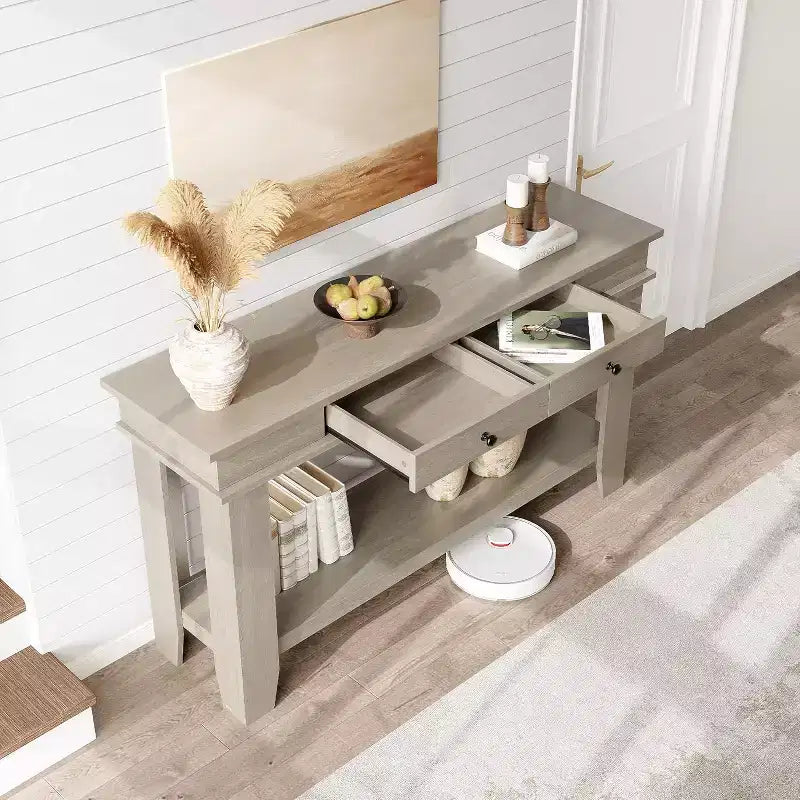 Console marron / marron et blanc / grise, 2 tiroirs, étagère ouverte, assemblage par 1 personne