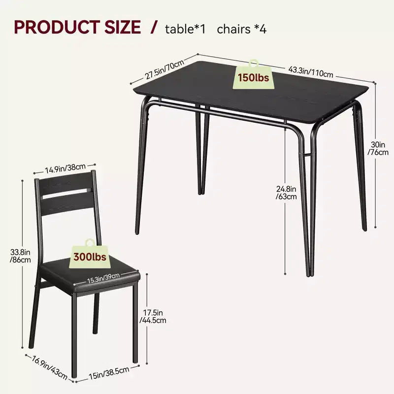 Ensemble de salle à manger carré 4 places Noir / Marron / Gris / Blanc – Piètement en métal, Chaises rembourrées (5 pièces)