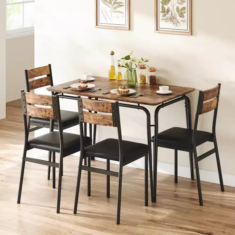 Ensemble de salle à manger carré 4 places Noir / Marron / Gris / Blanc – Piètement en métal, Chaises rembourrées (5 pièces)