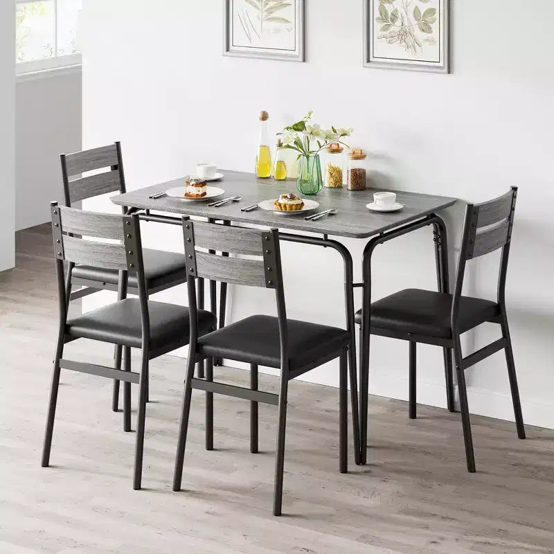Ensemble de salle à manger carré 4 places Noir / Marron / Gris / Blanc – Piètement en métal, Chaises rembourrées (5 pièces)