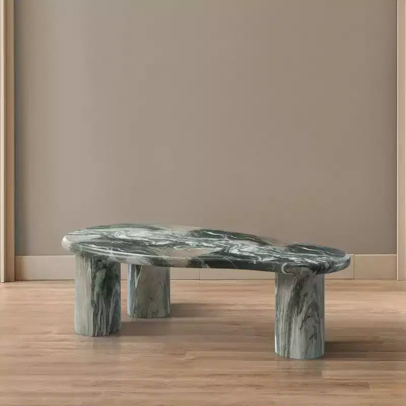 Table Basse Ovale en Béton – Vert & Beige, Piétement Piédestal