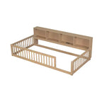 Lit de sol brun Twin XL avec rangement et ports USB – Bois de pin, semi-fermé, pour 1 enfant