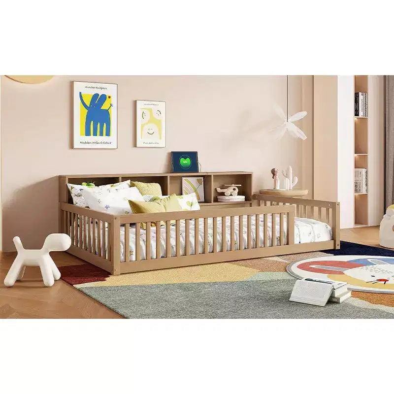 Lit de sol brun Twin XL avec rangement et ports USB – Bois de pin, semi-fermé, pour 1 enfant