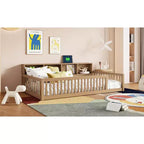 Lit de sol brun Twin XL avec rangement et ports USB – Bois de pin, semi-fermé, pour 1 enfant
