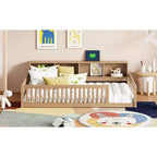 Lit de sol brun Twin XL avec rangement et ports USB – Bois de pin, semi-fermé, pour 1 enfant
