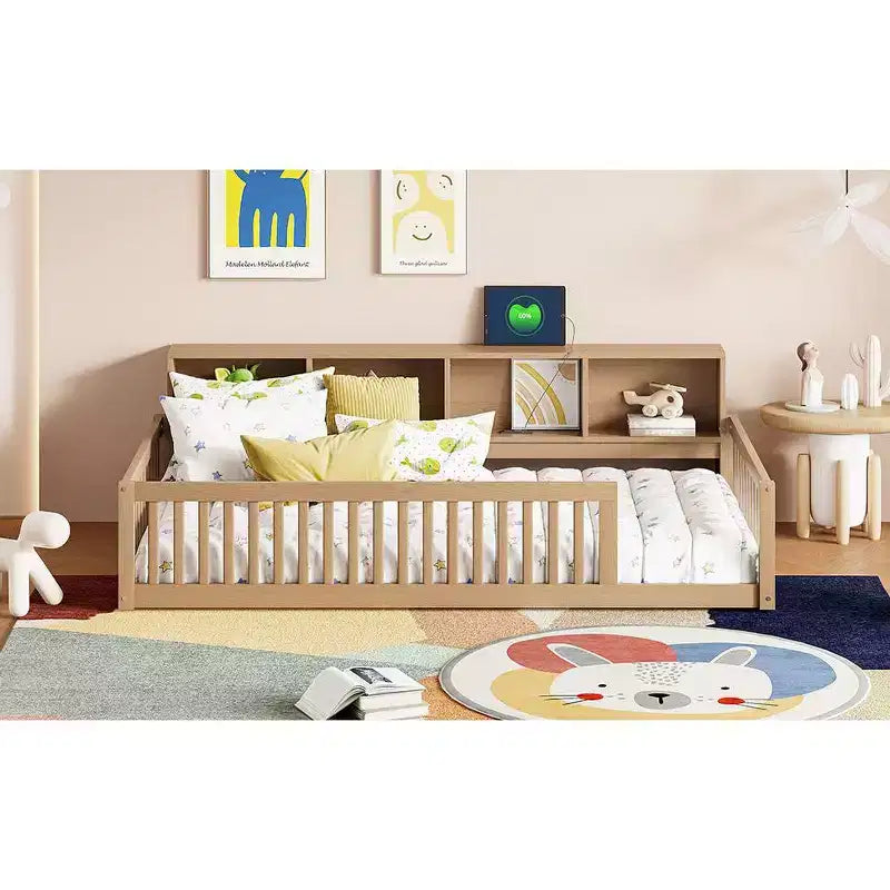 Lit de sol brun Twin XL avec rangement et ports USB – Bois de pin, semi-fermé, pour 1 enfant