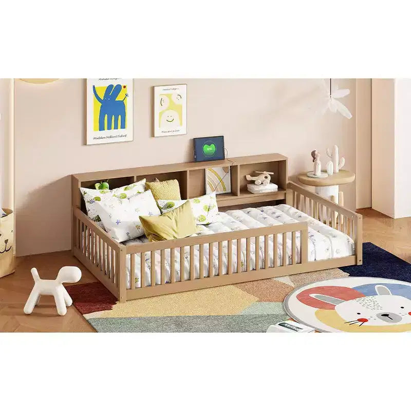 Lit de sol brun Twin XL avec rangement et ports USB – Bois de pin, semi-fermé, pour 1 enfant