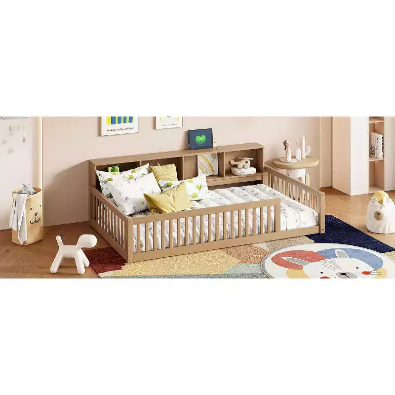 Lit de sol brun Twin XL avec rangement et ports USB – Bois de pin, semi-fermé, pour 1 enfant