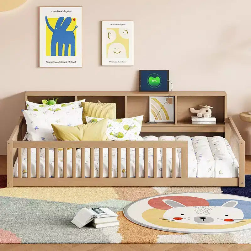 Lit de sol brun Twin XL avec rangement et ports USB – Bois de pin, semi-fermé, pour 1 enfant