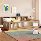 Lit de sol brun Twin XL avec rangement et ports USB – Bois de pin, semi-fermé, pour 1 enfant