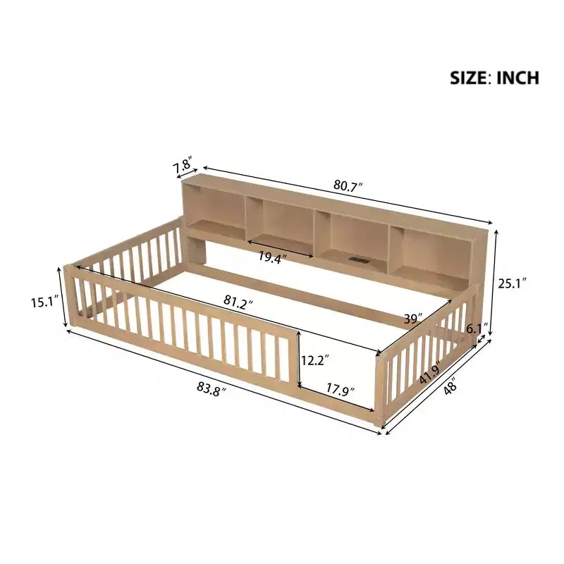 Lit de sol brun Twin XL avec rangement et ports USB – Bois de pin, semi-fermé, pour 1 enfant
