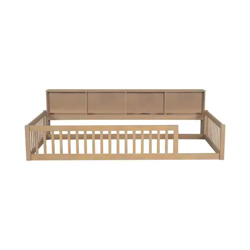 Lit de sol brun Twin XL avec rangement et ports USB – Bois de pin, semi-fermé, pour 1 enfant