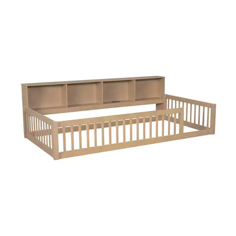 Lit de sol brun Twin XL avec rangement et ports USB – Bois de pin, semi-fermé, pour 1 enfant