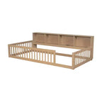Lit de sol brun Twin XL avec rangement et ports USB – Bois de pin, semi-fermé, pour 1 enfant