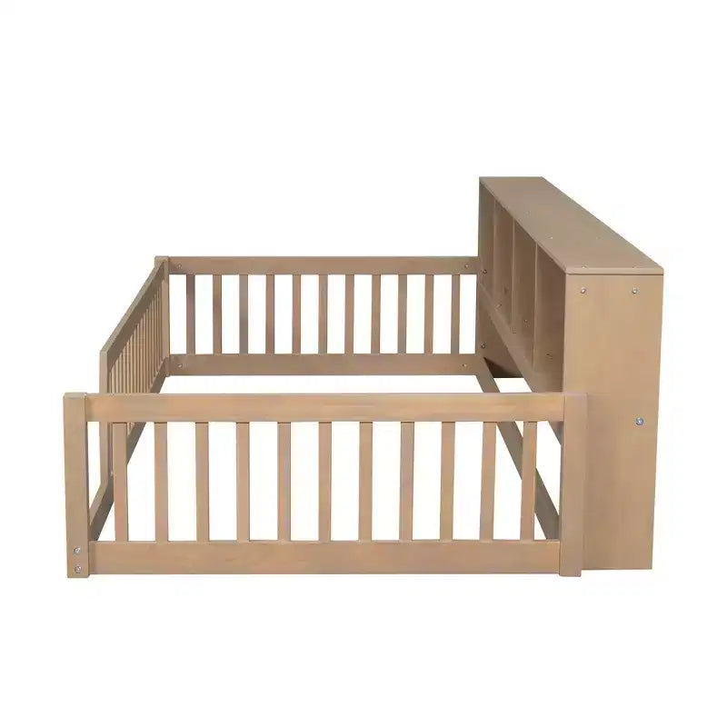 Lit de sol brun Twin XL avec rangement et ports USB – Bois de pin, semi-fermé, pour 1 enfant