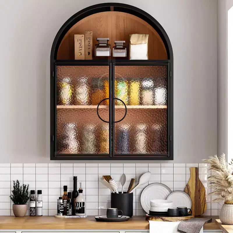 Armoire Murale Cintrée – Noir/Blanc, Métal et Verre Dépoli, Murale