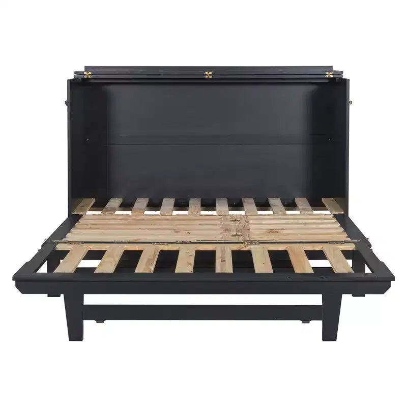 Lit escamotable Queen noir/gris/blanc – Portes en verre dépoli et pieds dorés, lit mural pliant pour 2
