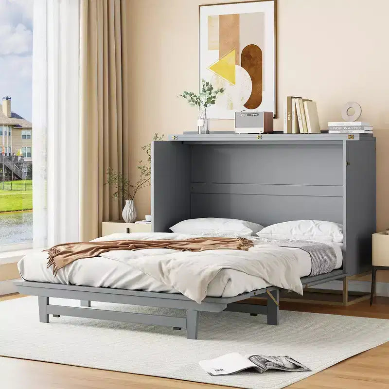 Lit escamotable Queen noir/gris/blanc – Portes en verre dépoli et pieds dorés, lit mural pliant pour 2