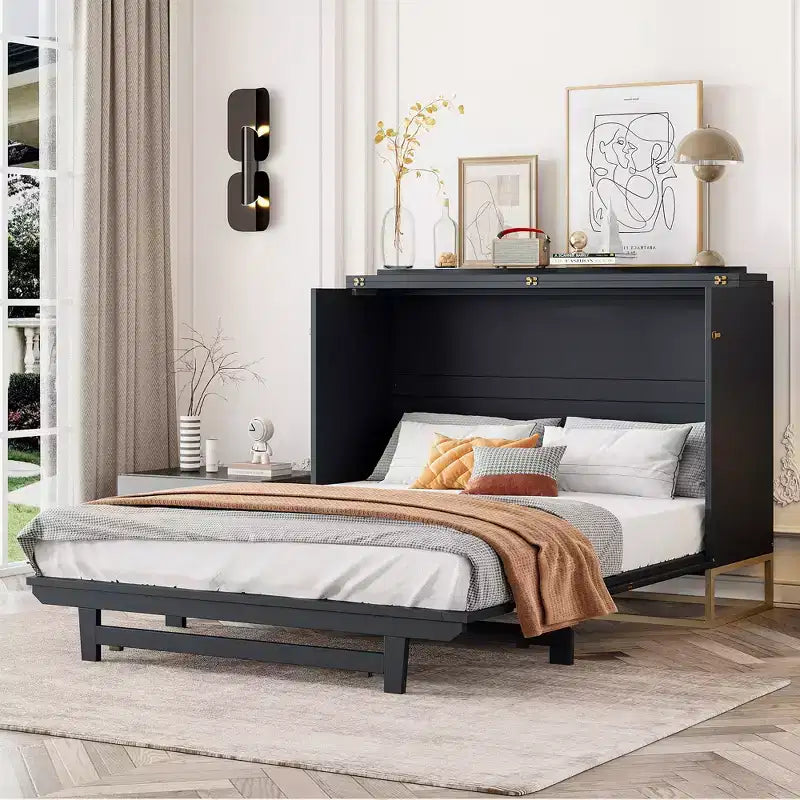Lit escamotable Queen noir/gris/blanc – Portes en verre dépoli et pieds dorés, lit mural pliant pour 2