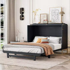 Lit escamotable Queen noir/gris/blanc – Portes en verre dépoli et pieds dorés, lit mural pliant pour 2