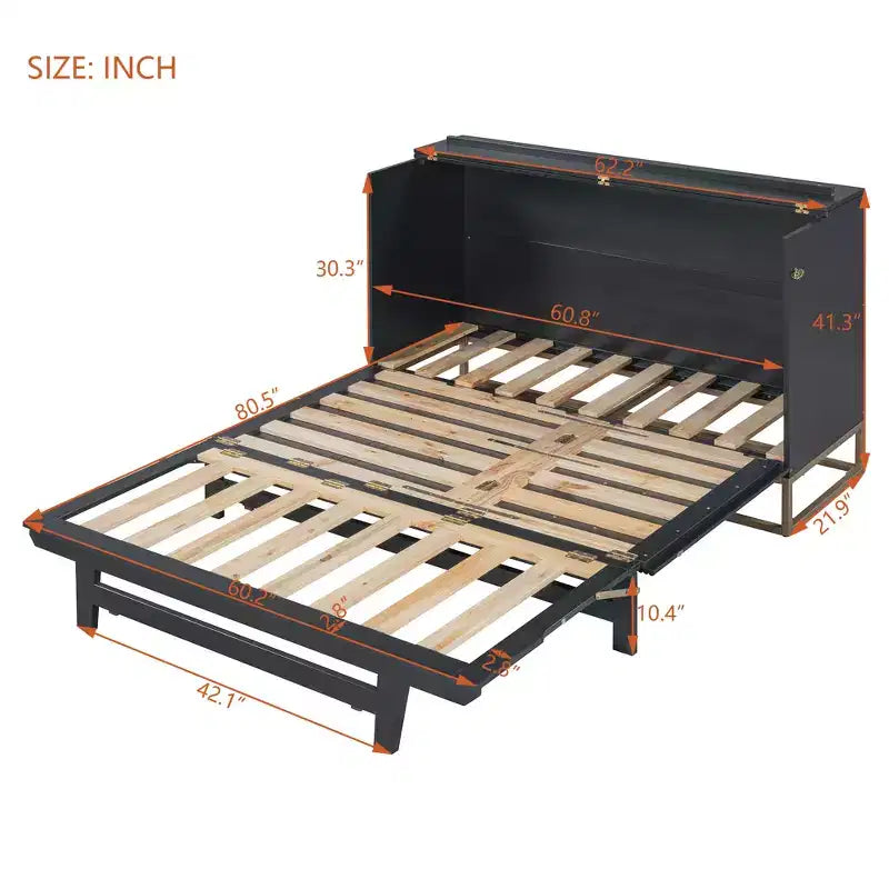 Lit escamotable Queen noir/gris/blanc – Portes en verre dépoli et pieds dorés, lit mural pliant pour 2